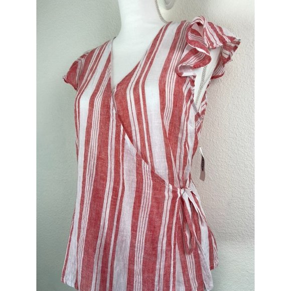 Old Navy women's small red white striped linen blend wrap ruffle cap sleeve top - Picture 2 of 7